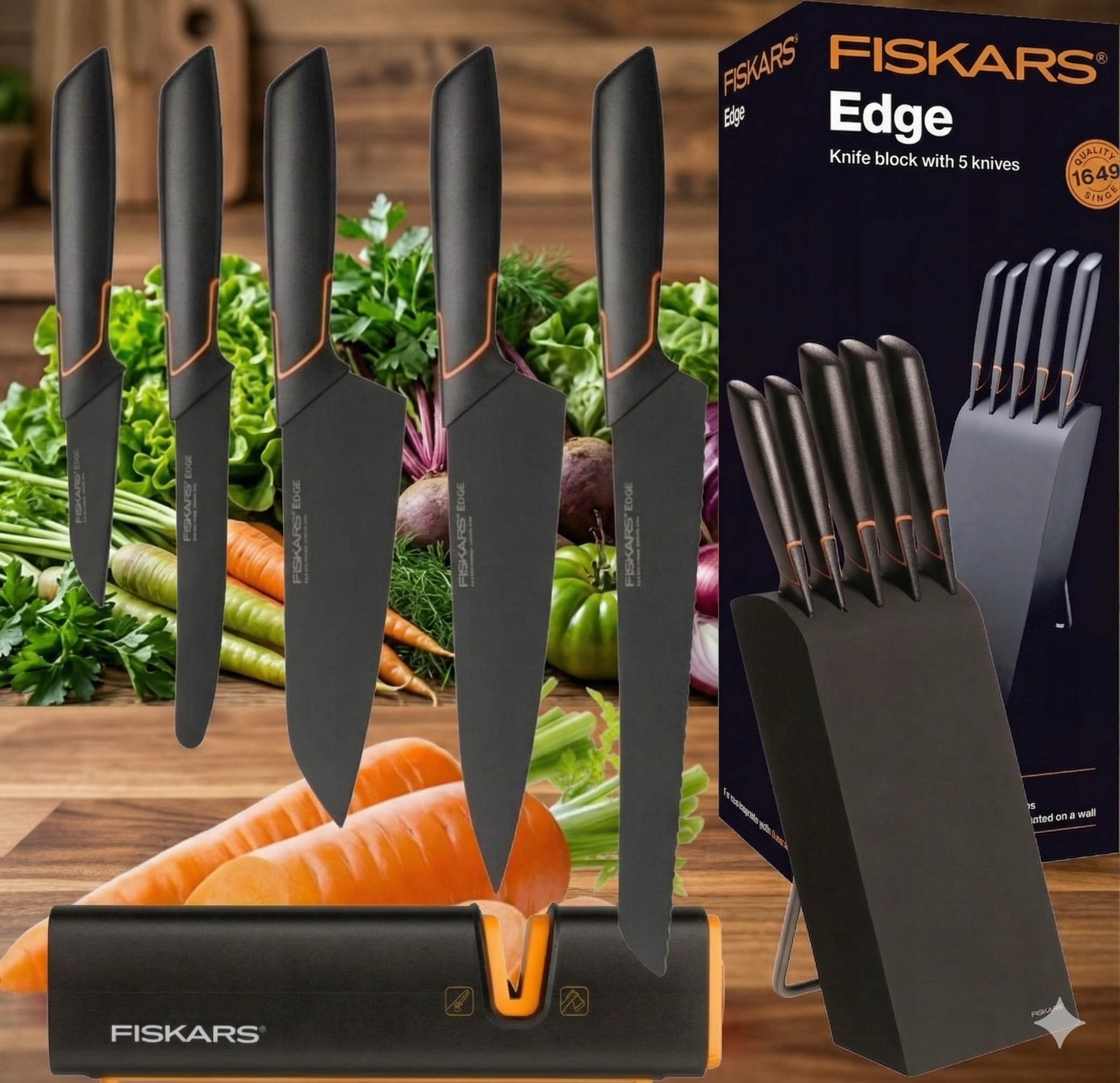 🍽️Zimná špeciálna ponuka | 5-dielna sada nožov  𝙵𝙸𝚂𝙺𝙰𝚁𝚂 ® (s blokom na nože EDGE BLOCK) – Ostré kuchynské nože + sada na brúsenie