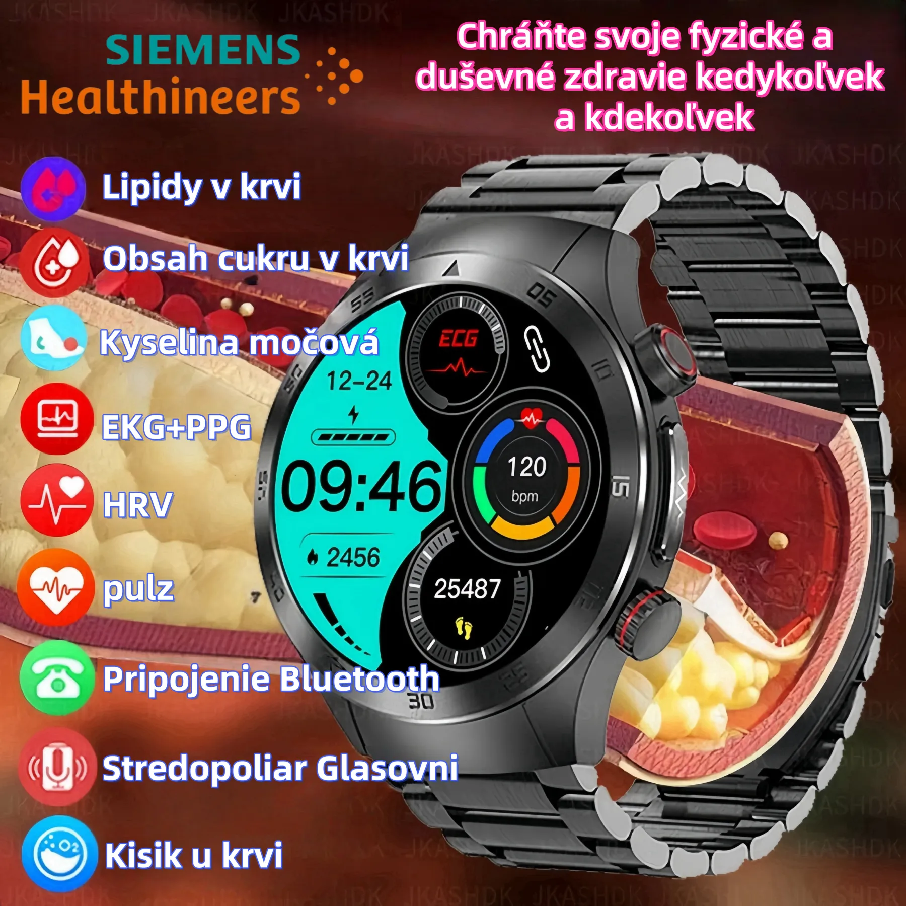 Inteligentné hodinky na neinvazívne meranie hladiny cukru v krvi so zabudovaným algoritmom supermozgovej umelej inteligencie