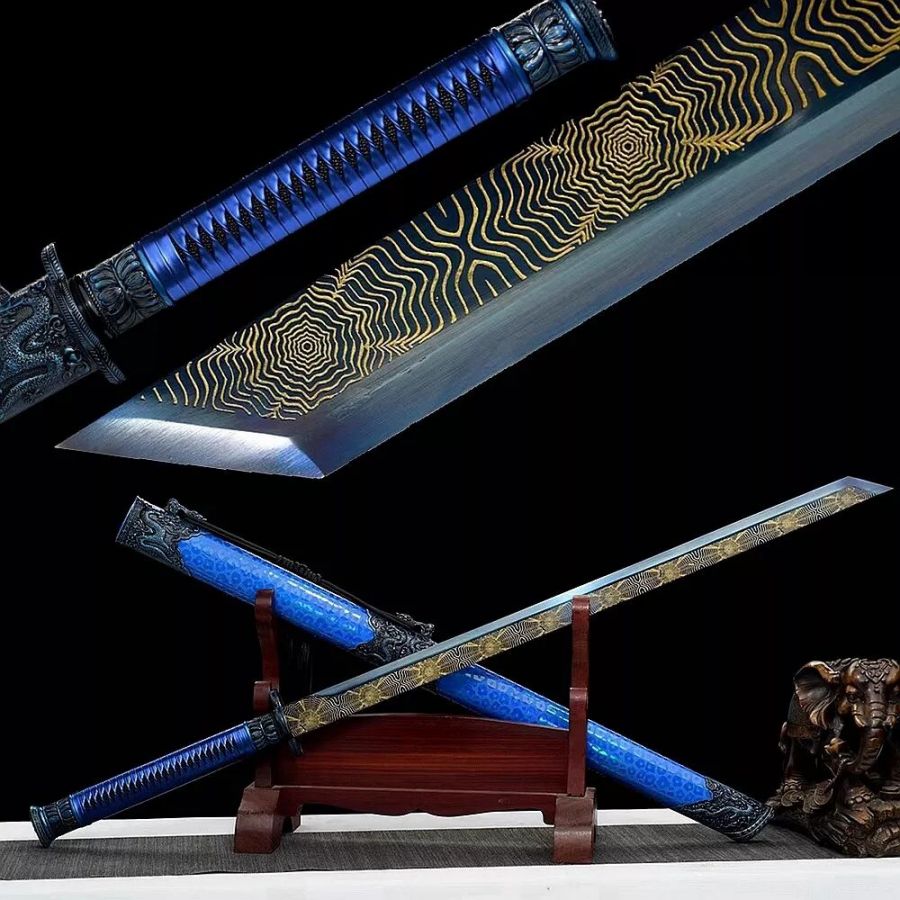 Ručně vyrobená katana, pravá japonská katana s rytým designem černé čepele