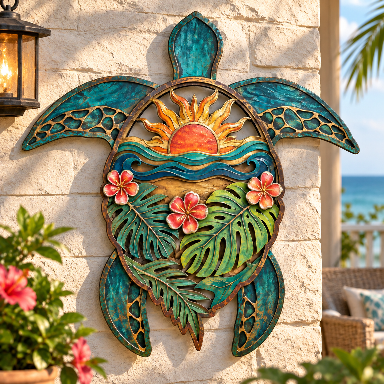 Tropical Sea Turtle Sunset Metal Wall Decor