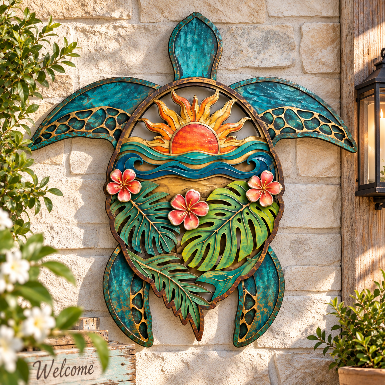 Tropical Sea Turtle Sunset Metal Wall Decor