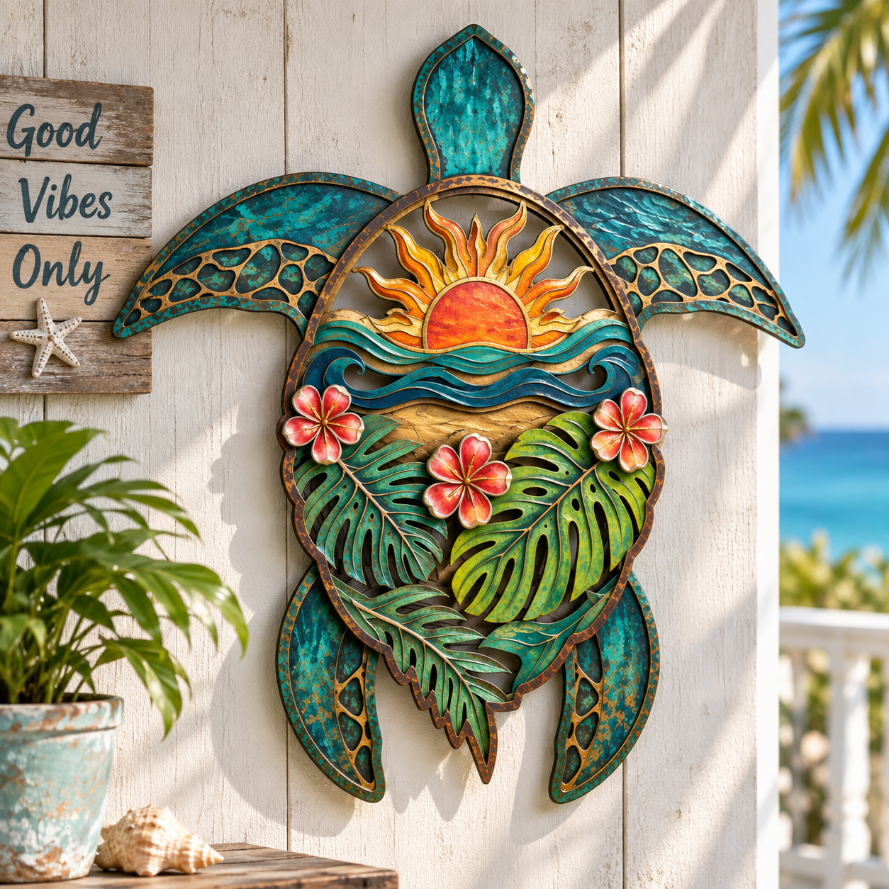 Tropical Sea Turtle Sunset Metal Wall Decor