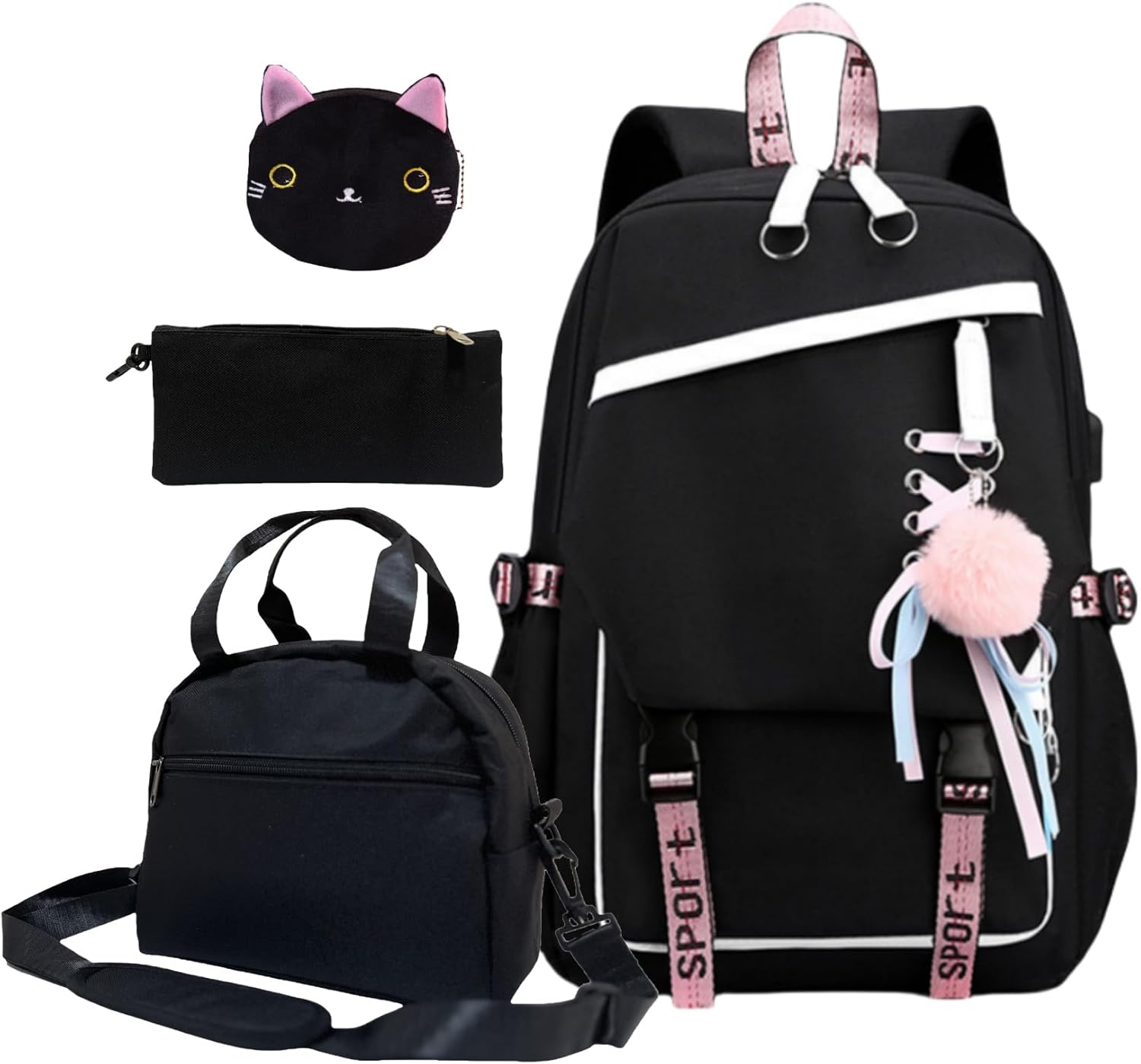 4 Pcs Girls Backpack Bookbag with Lunch Box and Case,17 Inch Teen Girls Kids Boys Pink Backpacks for Primary Middle School