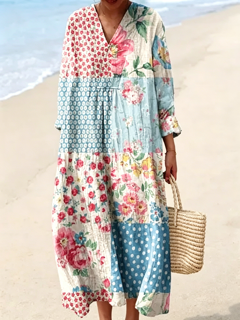 Langes Damenkleid aus farbenfrohem Seidenmischgewebe mit Patchwork-Design