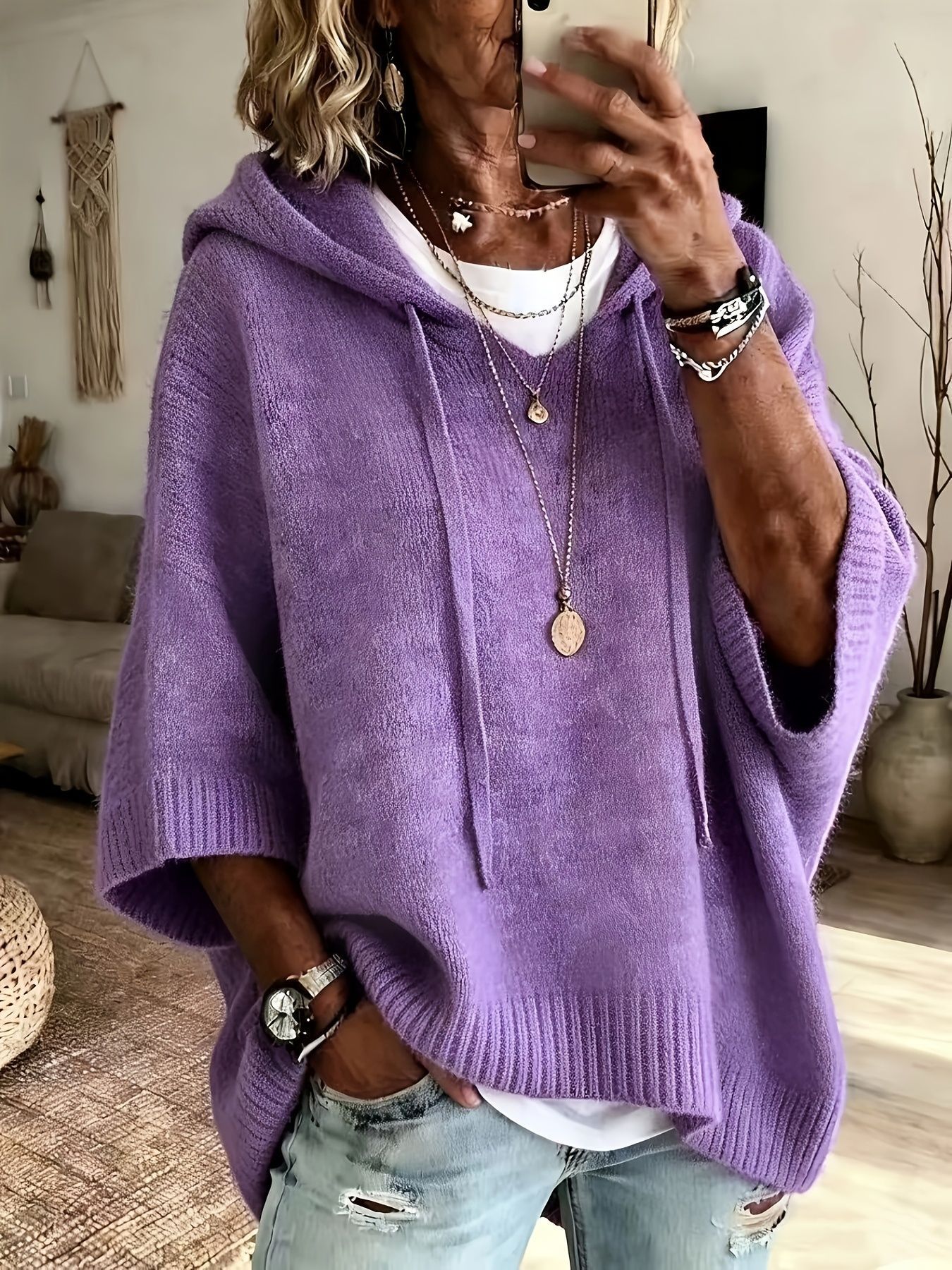 Damen-Pullover/Hoodie aus Wolle-Kaschmir-Mix mit Kapuze