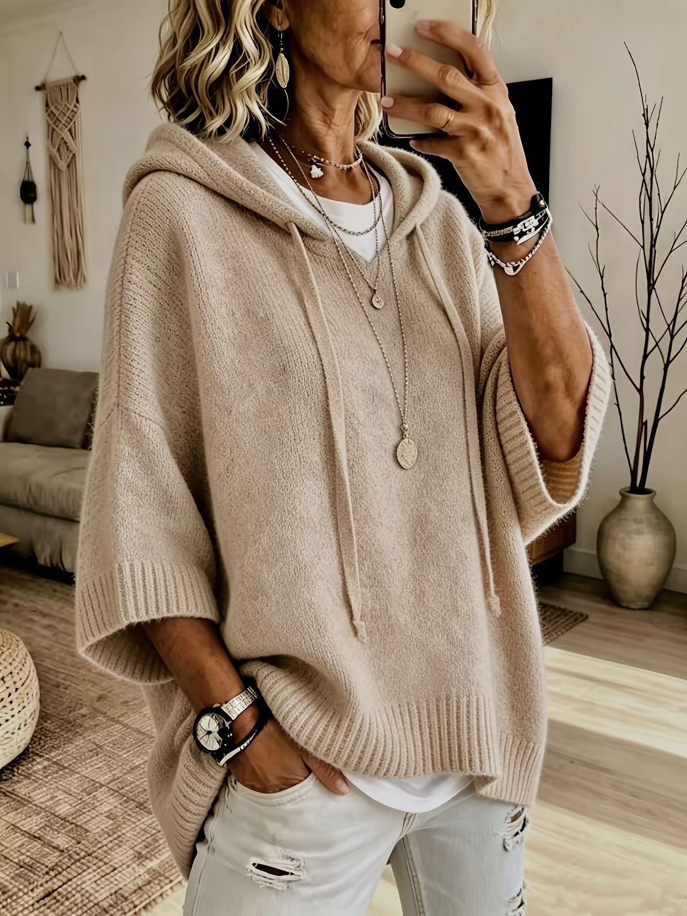 Damen-Pullover/Hoodie aus Wolle-Kaschmir-Mix mit Kapuze
