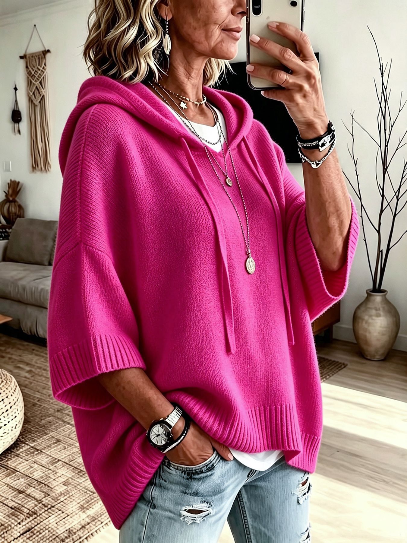 Damen-Pullover/Hoodie aus Wolle-Kaschmir-Mix mit Kapuze