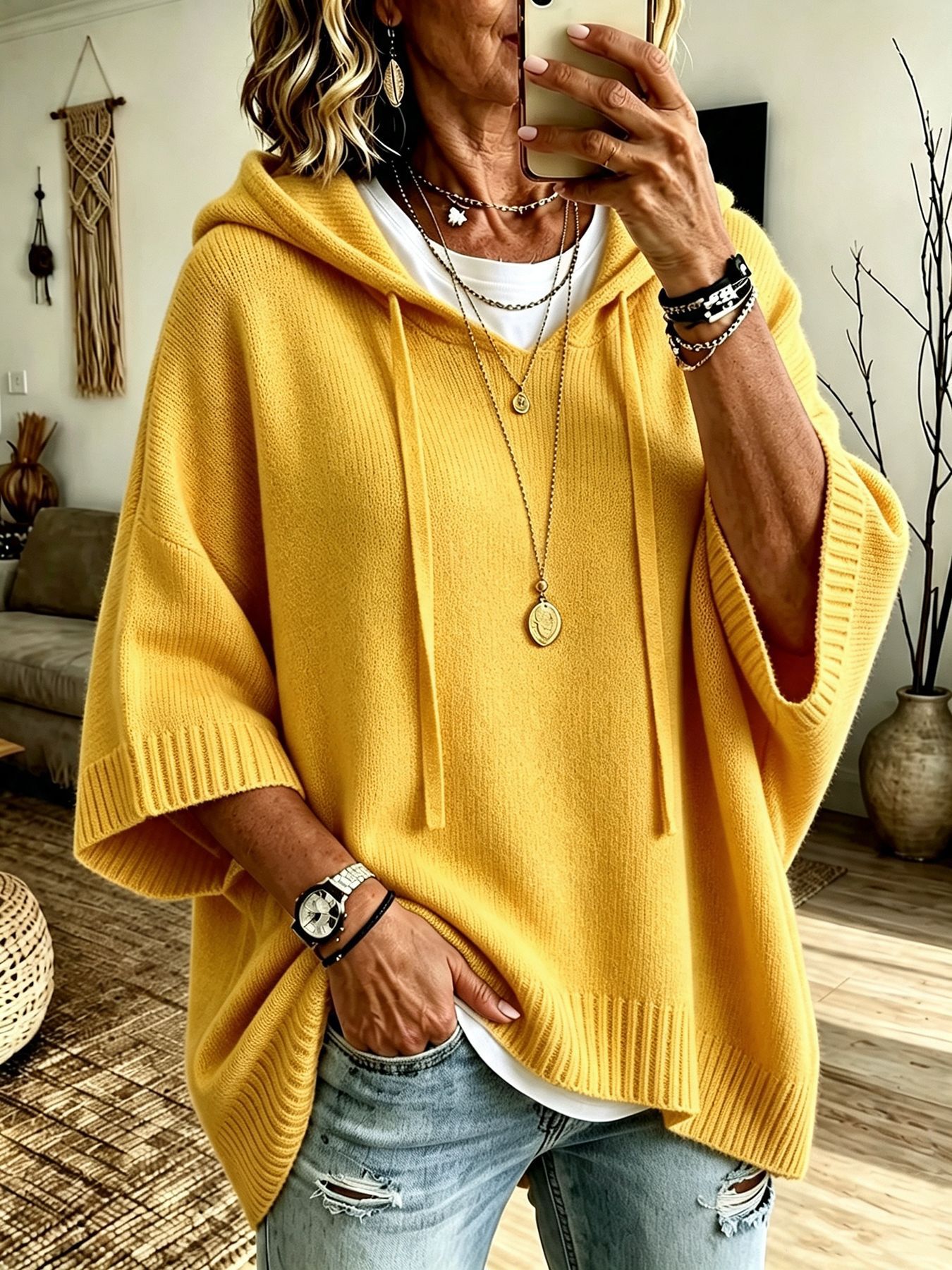 Damen-Pullover/Hoodie aus Wolle-Kaschmir-Mix mit Kapuze