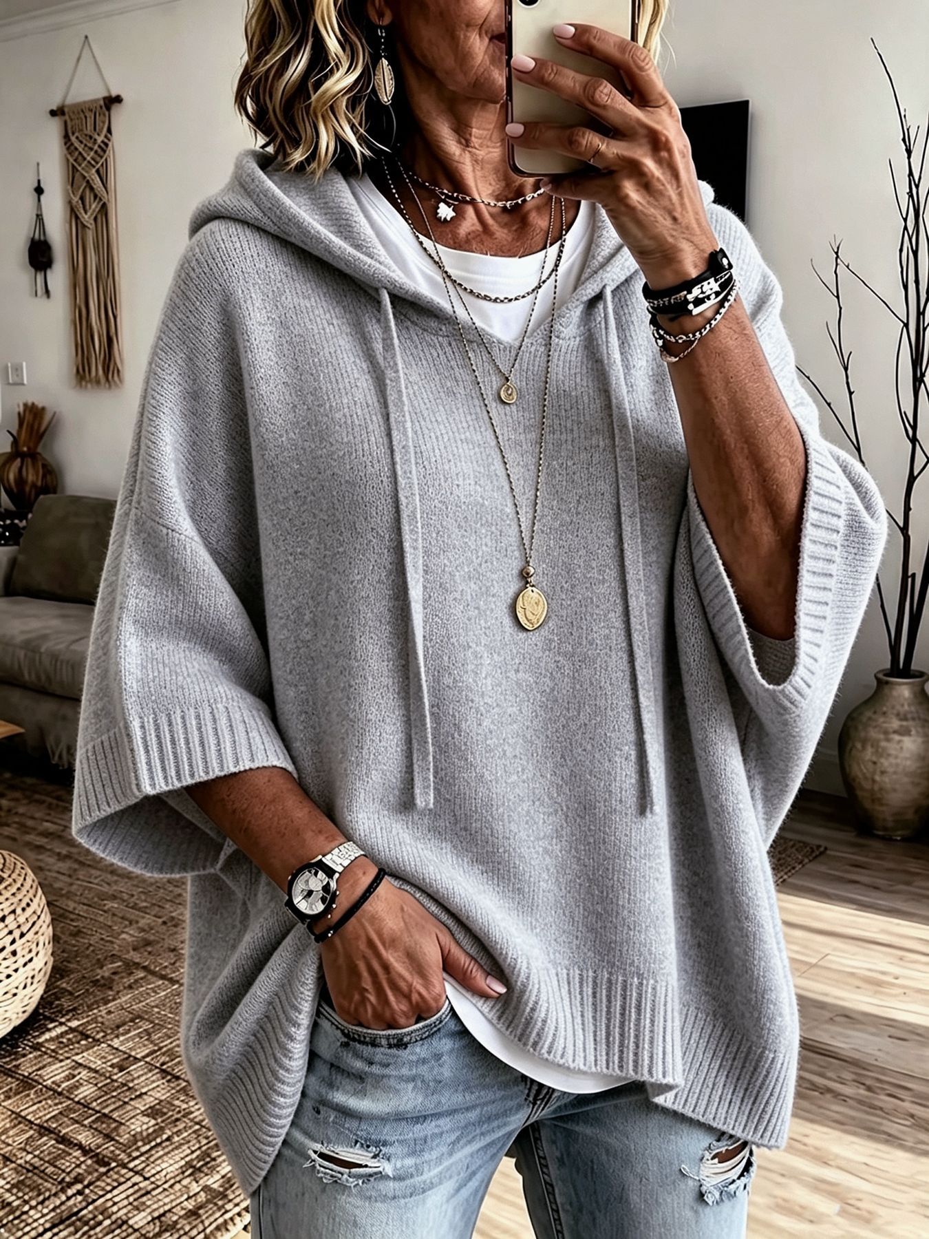 Damen-Pullover/Hoodie aus Wolle-Kaschmir-Mix mit Kapuze