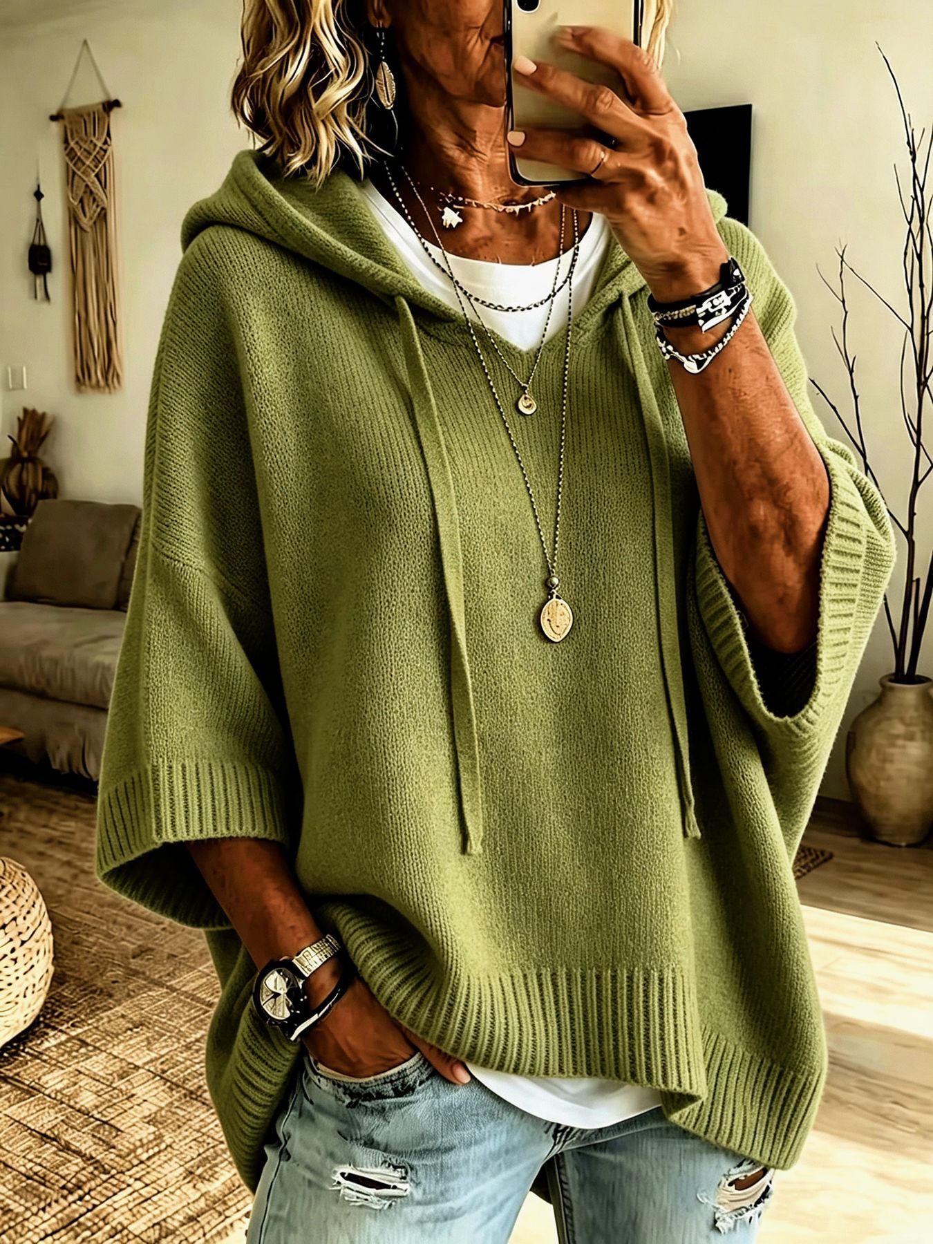 Damen-Pullover/Hoodie aus Wolle-Kaschmir-Mix mit Kapuze