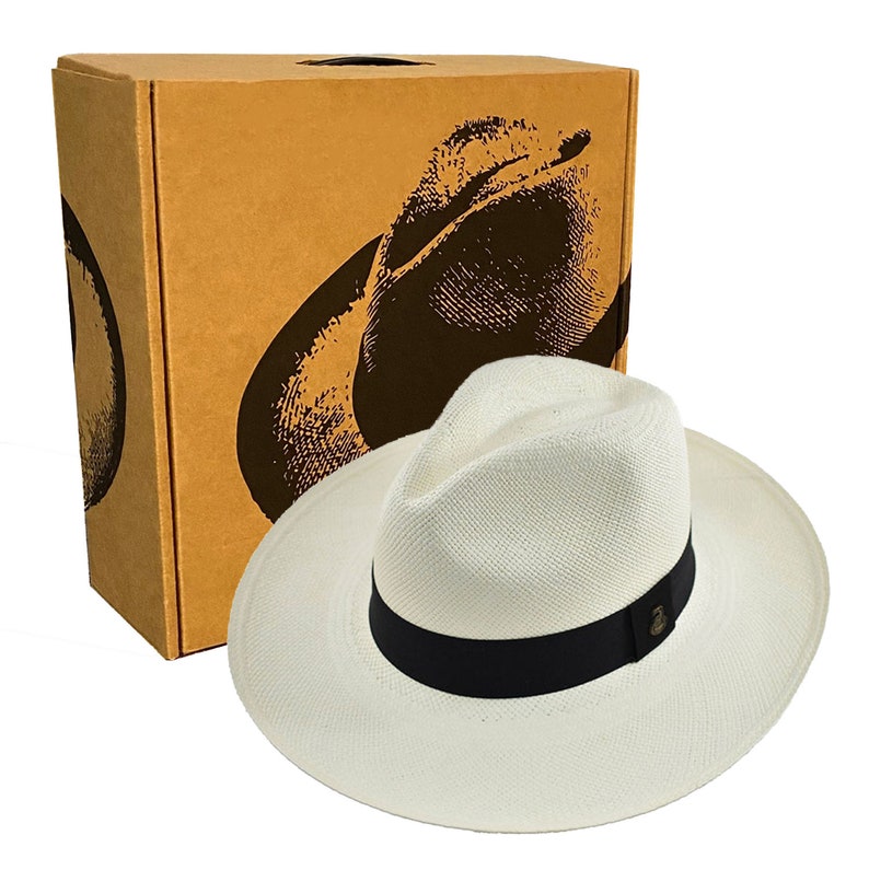 Original Panama Hat - Wide Brim Summer Fedora - Black Band - White Toquilla Straw - Handwoven in Ecuador - EA - HatBox Included-BOX PACKING
