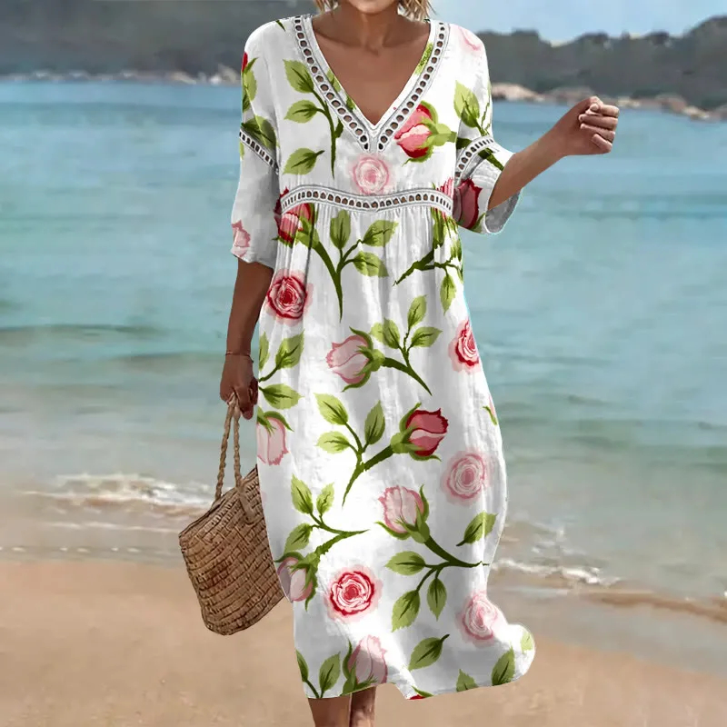 Damen-Komfort-Kleid aus Baumwolle-Leinen-Mix mit Print