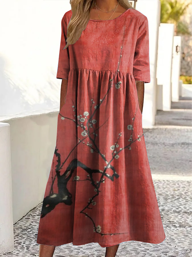Vintage Pflaumenblüten-Druck Rundhals-Taschen-Midi-Kleid