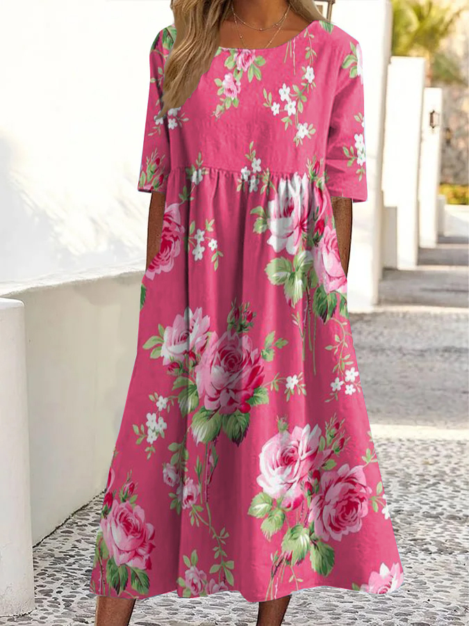 Vintage Pink Rose Print Rundhals-Taschen-Midi-Kleid