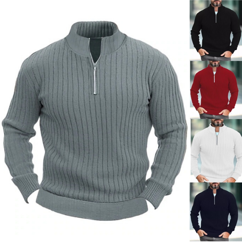 Men's Solid Color Stand Collar Knitted Pullover Sweater