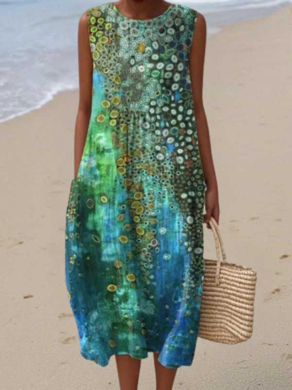Damenkleid aus Baumwolle und Leinen mit abstraktem Print und Seitentaschen
