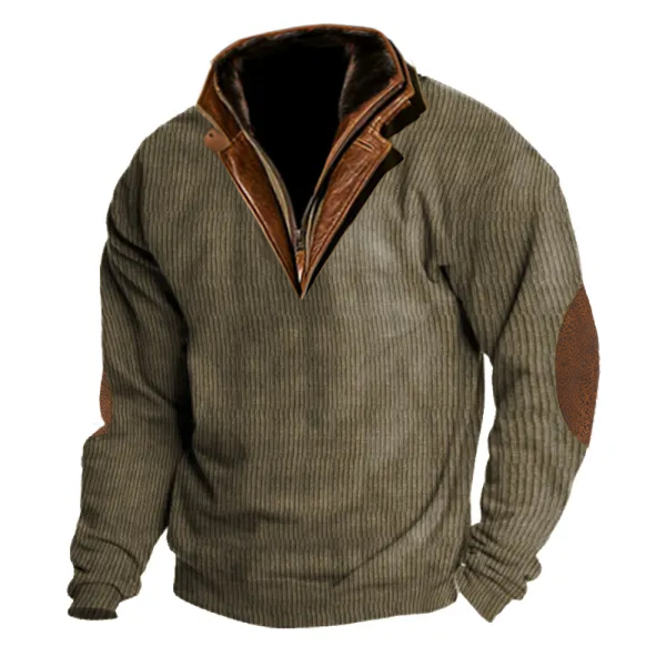 Men's Outdoor Casual Zip Polo Stand Collar Long Sleeve Sweatshirt Double Layer Lapel Fur Leather Collar Pullover