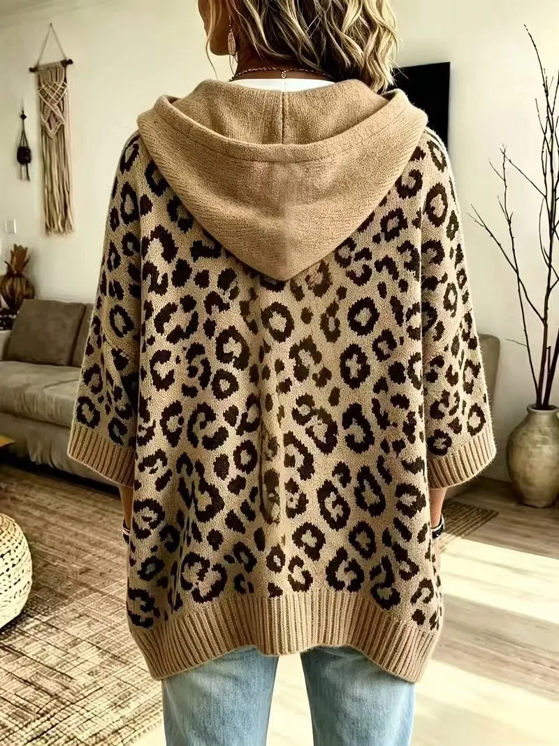 Comfortable And Casual Leopard-print Knitted Hoodie