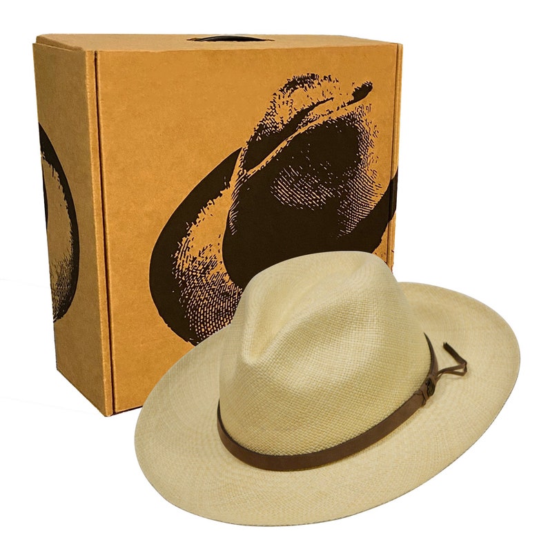 Original Panama Hat - Wide Brim Fedora - Natural Straw - Brown Leather Band - Handmade in Ecuador by Ecua-Andino - EA - HatBox Included-BOX PACKING