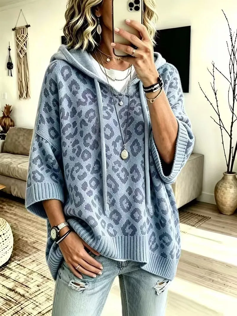 Comfortable And Casual Leopard-print Knitted Hoodie