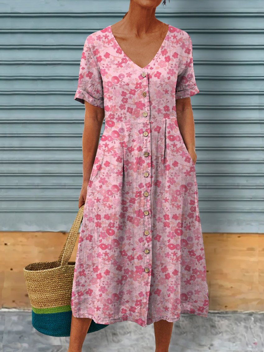 Kleine Blumenmuster in Pink Damen Leinen Taschen Tunika Kleid