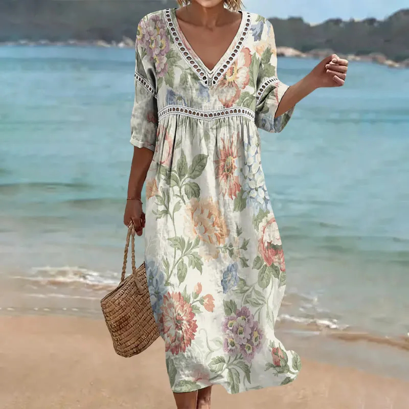 Damen-Komfort-Kleid aus Baumwolle-Leinen-Mix mit Print