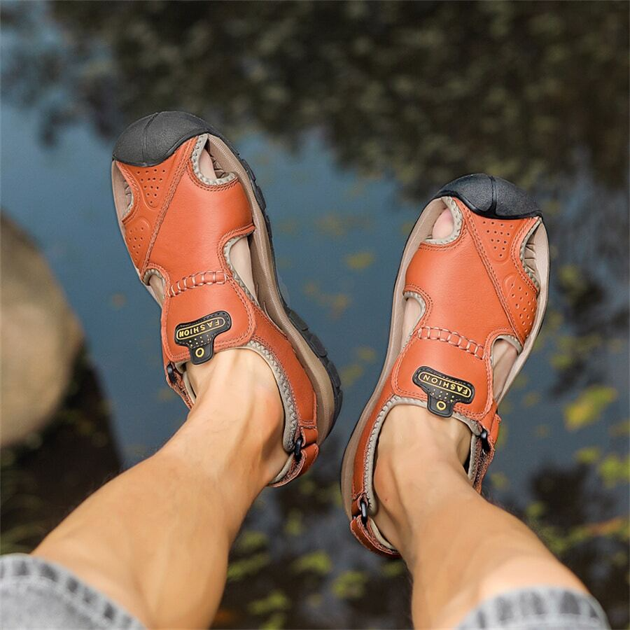 Dallader Men's Genuine Leather Sport Sandals Orthopedic Support Lightweight Non-slip Hiking Sandals