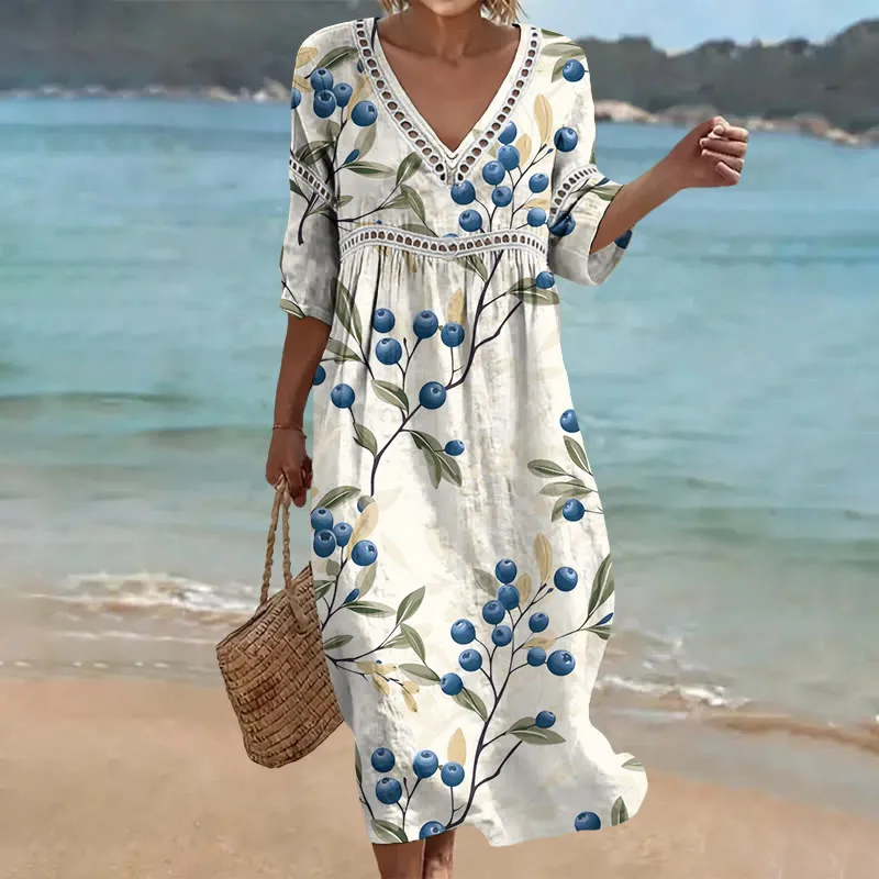 Damen-Komfort-Kleid aus Baumwolle-Leinen-Mix mit Print