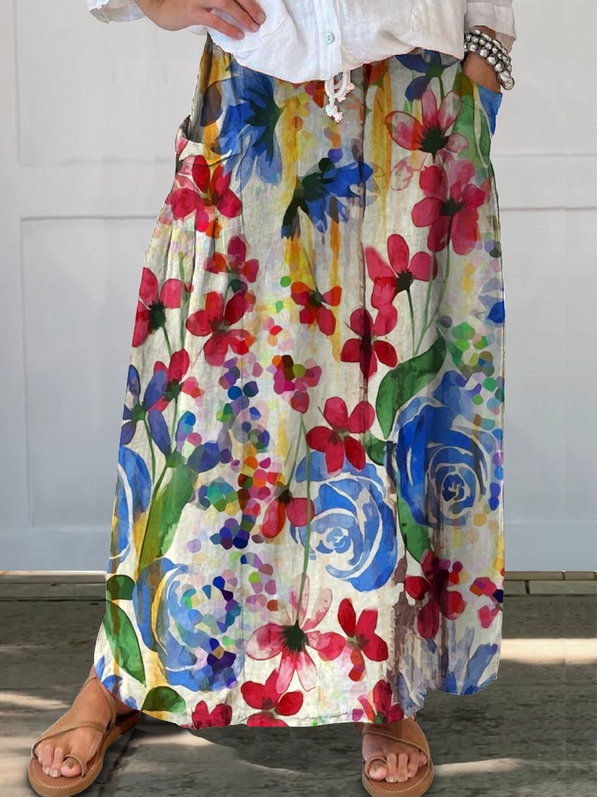 Bunte Aquarell-Blumenfeld bedruckte Damen-Leinen-Tasche Rock