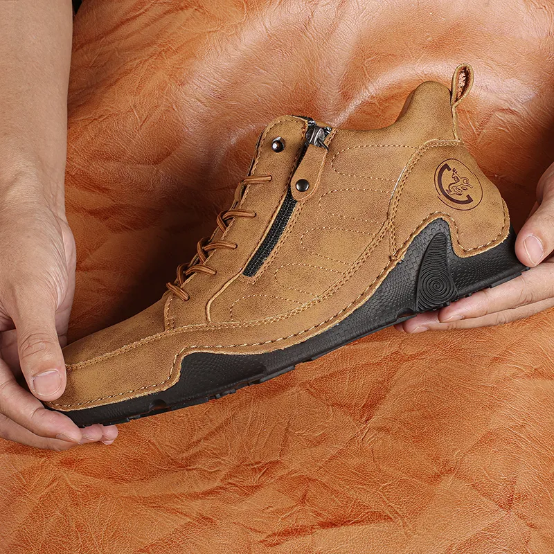 Men’s Handmade Premium Leather Slip-On Driving Boots – Wide Toe, Arch Support, Waterproof, Non-Slip & Pressure-Relief Comfort