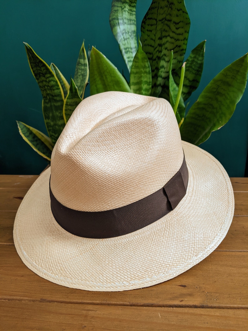 Genuine Ecuadorian Natural Panama Hat with Dark Brown Hat Band ~ Handwoven Toquilla Palm Hat-BOX PACKING