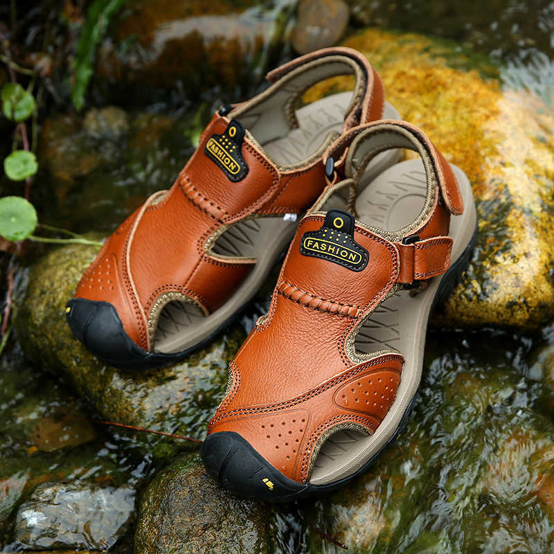 Dallader Men's Genuine Leather Sport Sandals Orthopedic Support Lightweight Non-slip Hiking Sandals