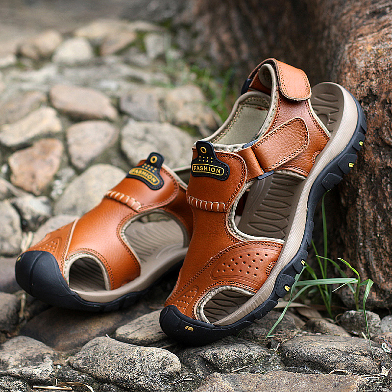 Dallader Men's Genuine Leather Sport Sandals Orthopedic Support Lightweight Non-slip Hiking Sandals