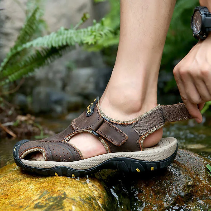 Dallader Men's Genuine Leather Sport Sandals Orthopedic Support Lightweight Non-slip Hiking Sandals