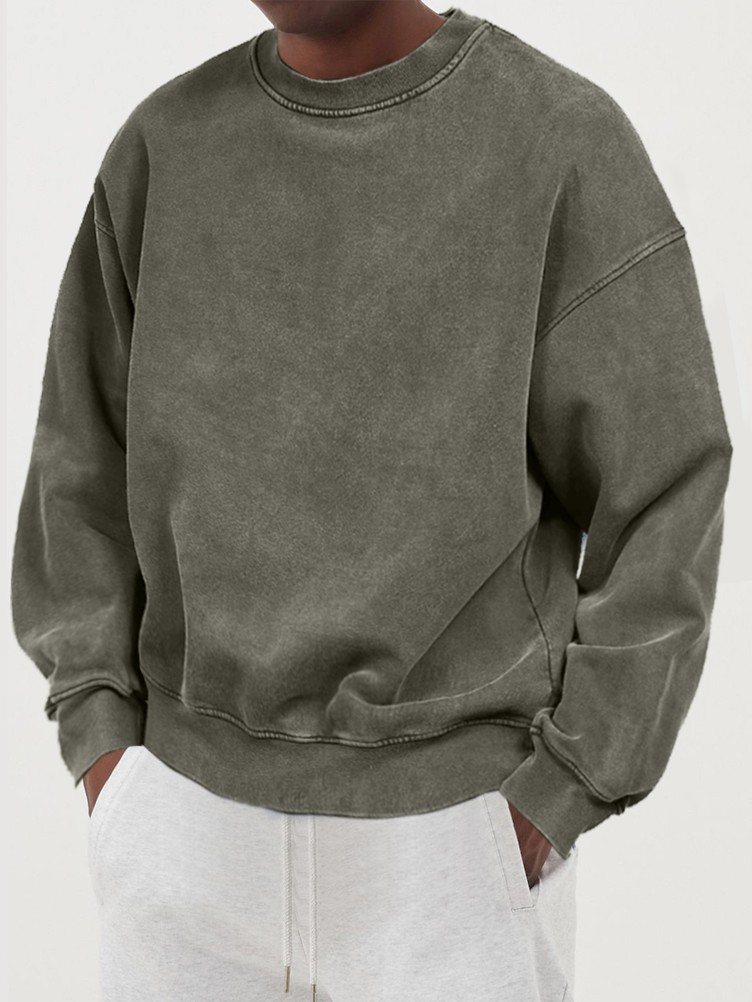 Men's Distressed Washed Cotton Round Neck Long-sleeved Sweatshirt