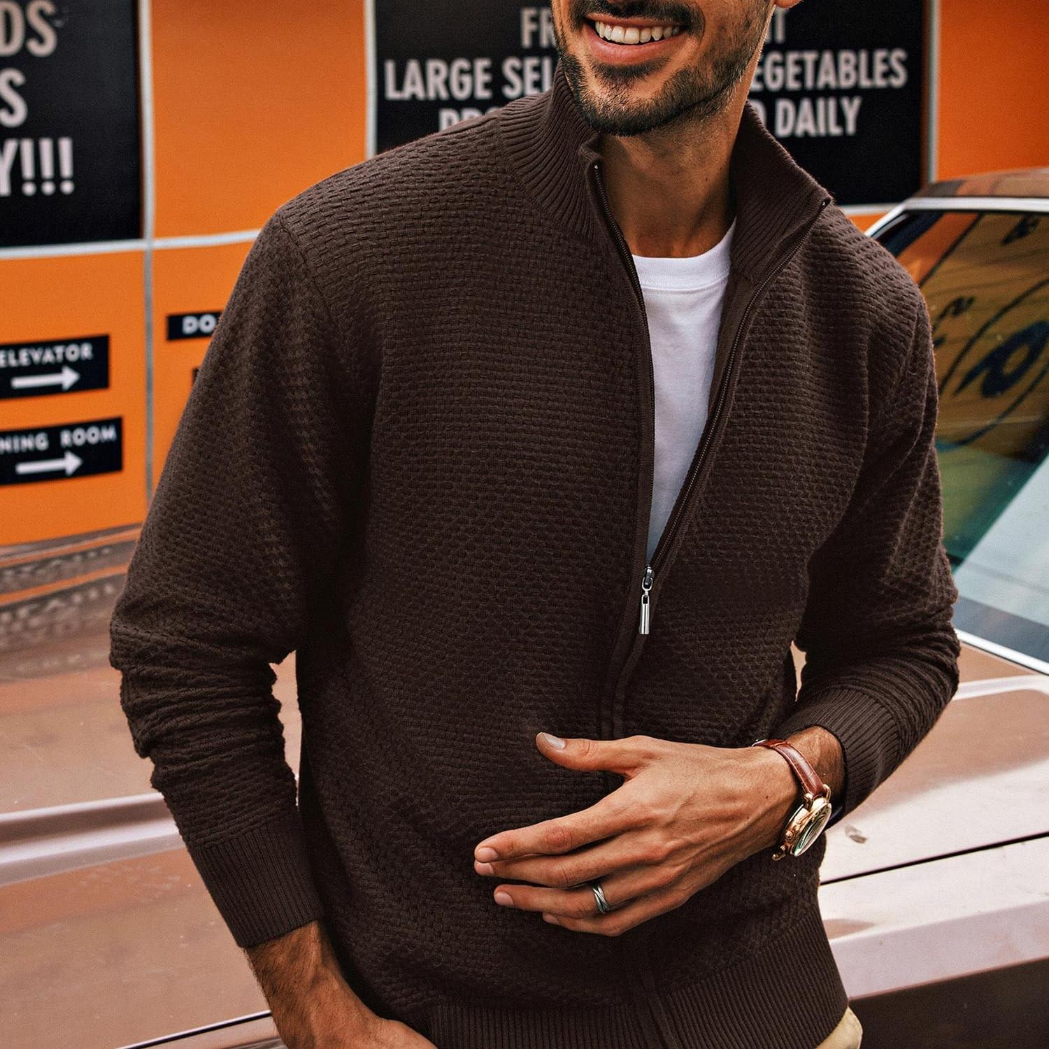 Men's Casual Zipper Cardigan Knit Sweater