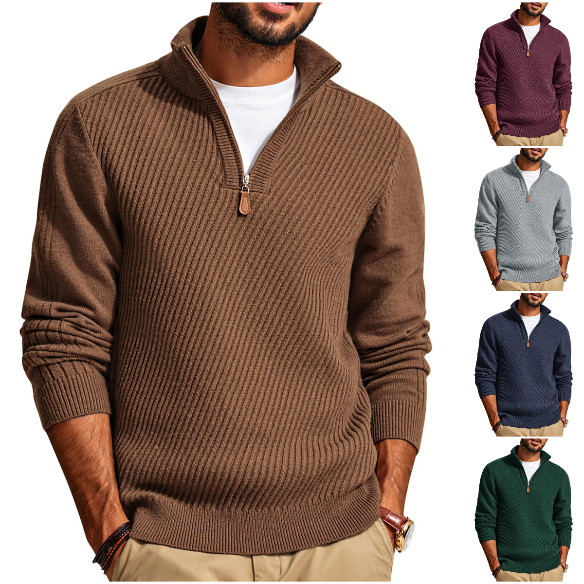 CLEARANCE SALE🔥  Men's Zipper Casual Slim Knit Texture Pullover Sweater