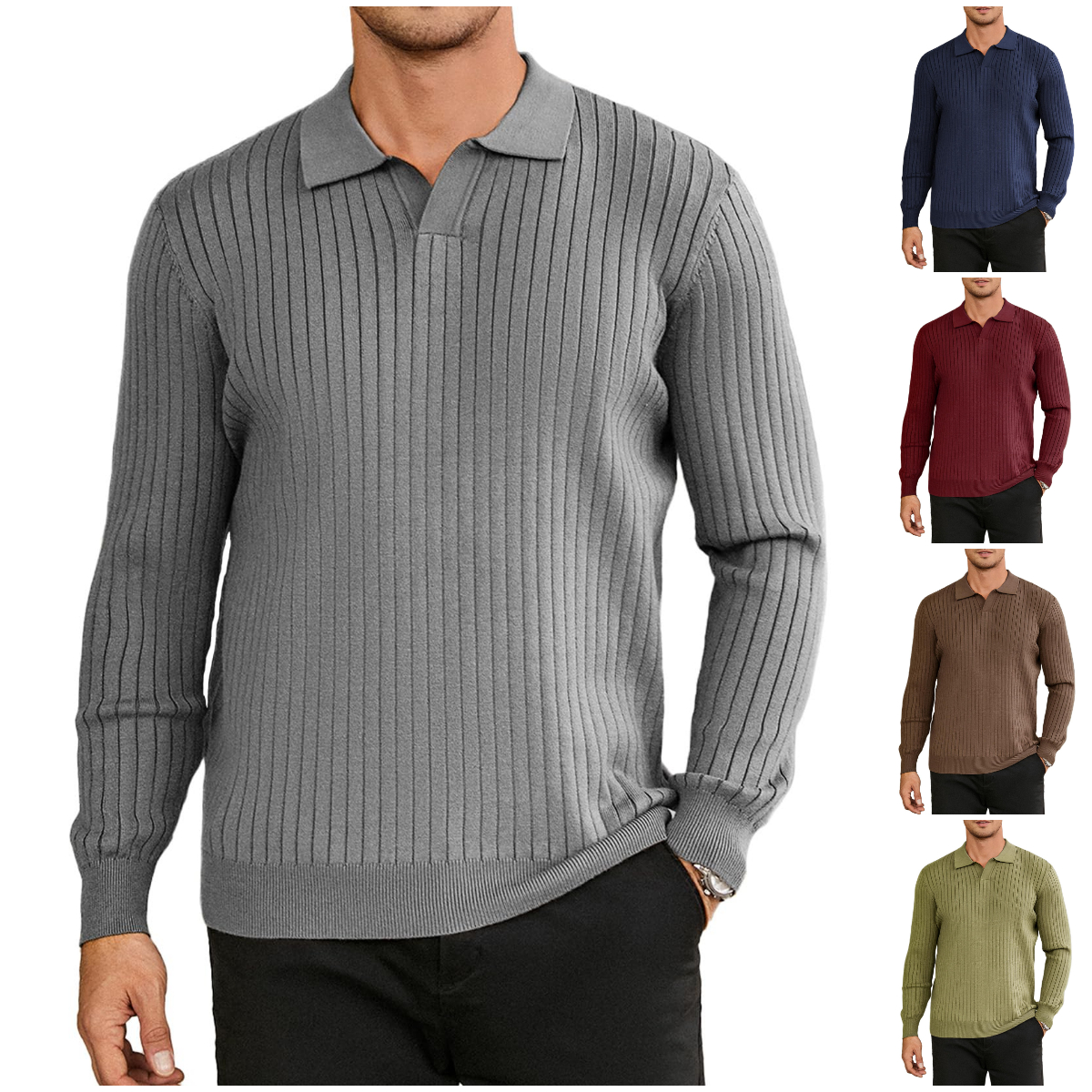 NEW🔥 2025 Men's Ribbed Knit Sweater Casual Long Sleeve Polo Shirt
