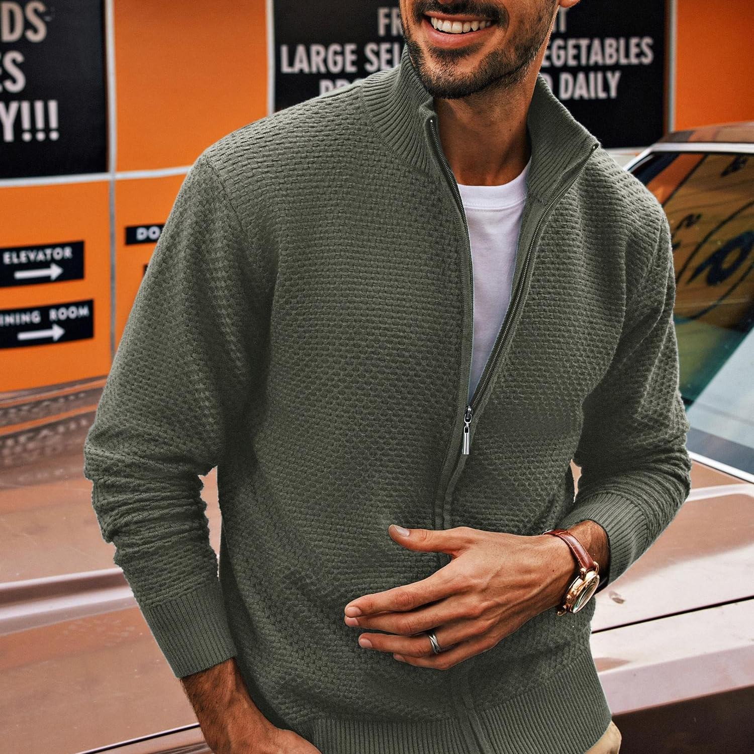 Men's Casual Zipper Cardigan Knit Sweater