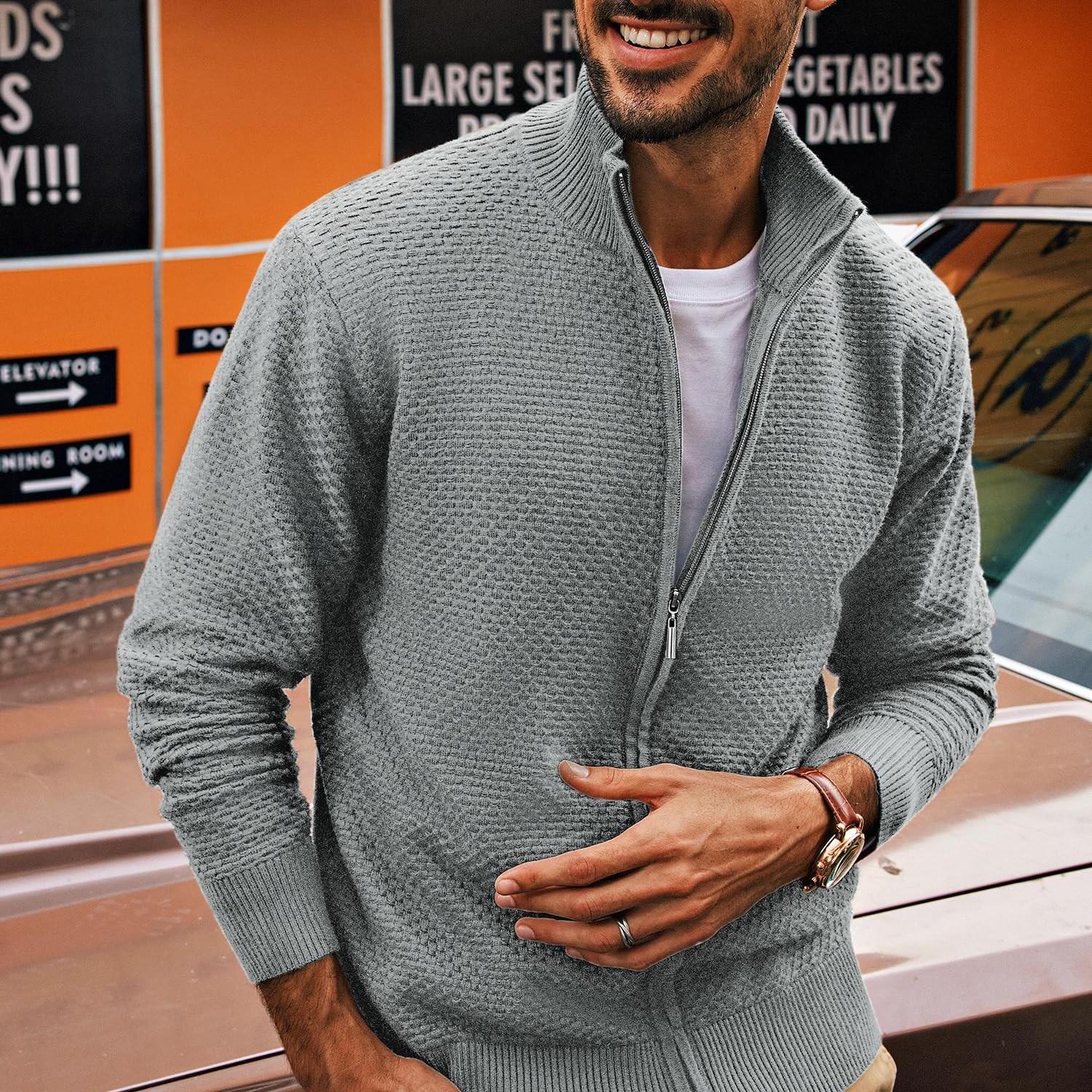 Men's Casual Zipper Cardigan Knit Sweater