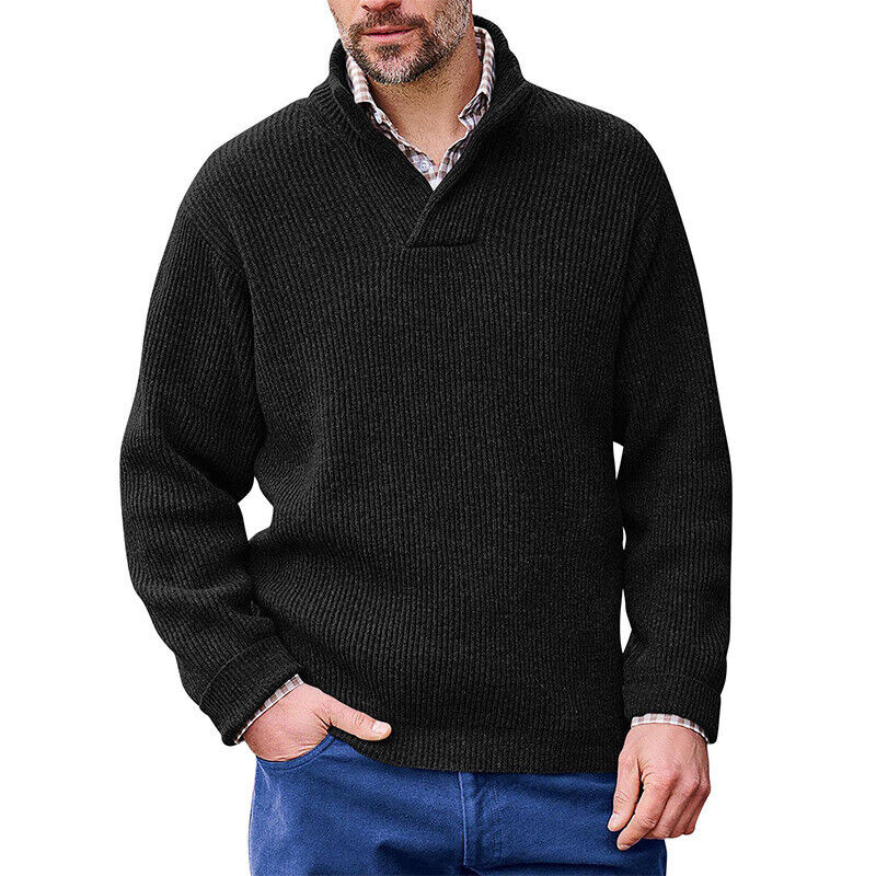 Men's solid color casual pullover long-sleeved V-neck loose sweater