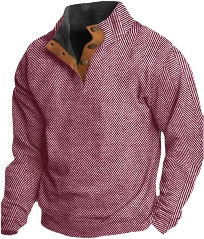 Herren-Sweatshirt im Western-Vintage-Stil mit Fischgrätenmuster und Stehkragen und Button-Down-Kragen
