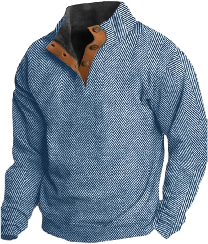 Herren-Sweatshirt im Western-Vintage-Stil mit Fischgrätenmuster und Stehkragen und Button-Down-Kragen