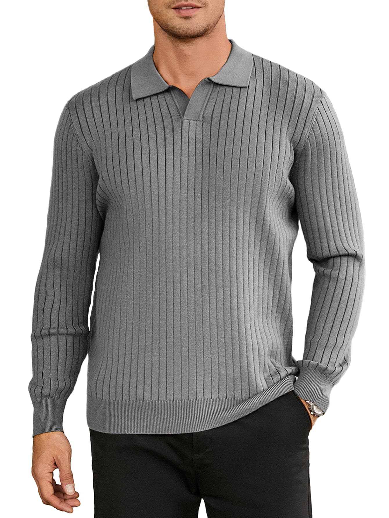 NEW🔥 2025 Men's Ribbed Knit Sweater Casual Long Sleeve Polo Shirt