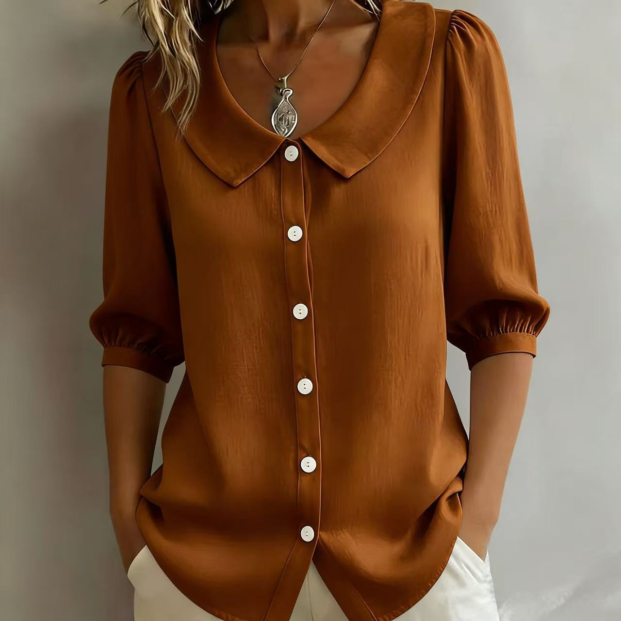 Retro Peter Pan Collar Button-up Cotton Shirt