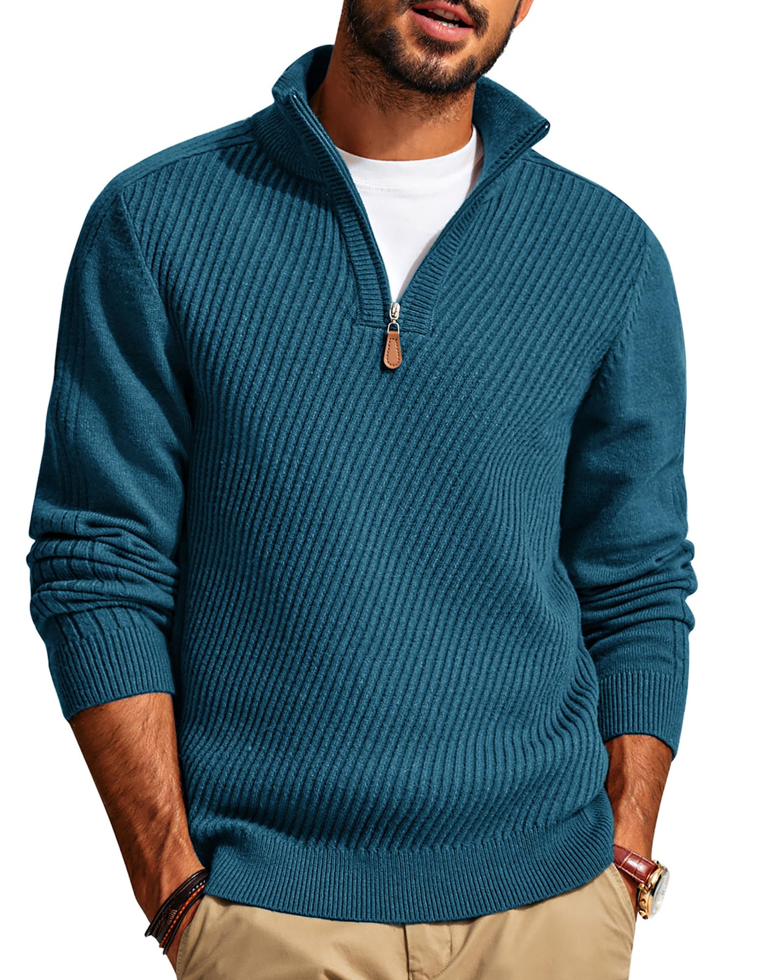 CLEARANCE SALE🔥  Men's Zipper Casual Slim Knit Texture Pullover Sweater