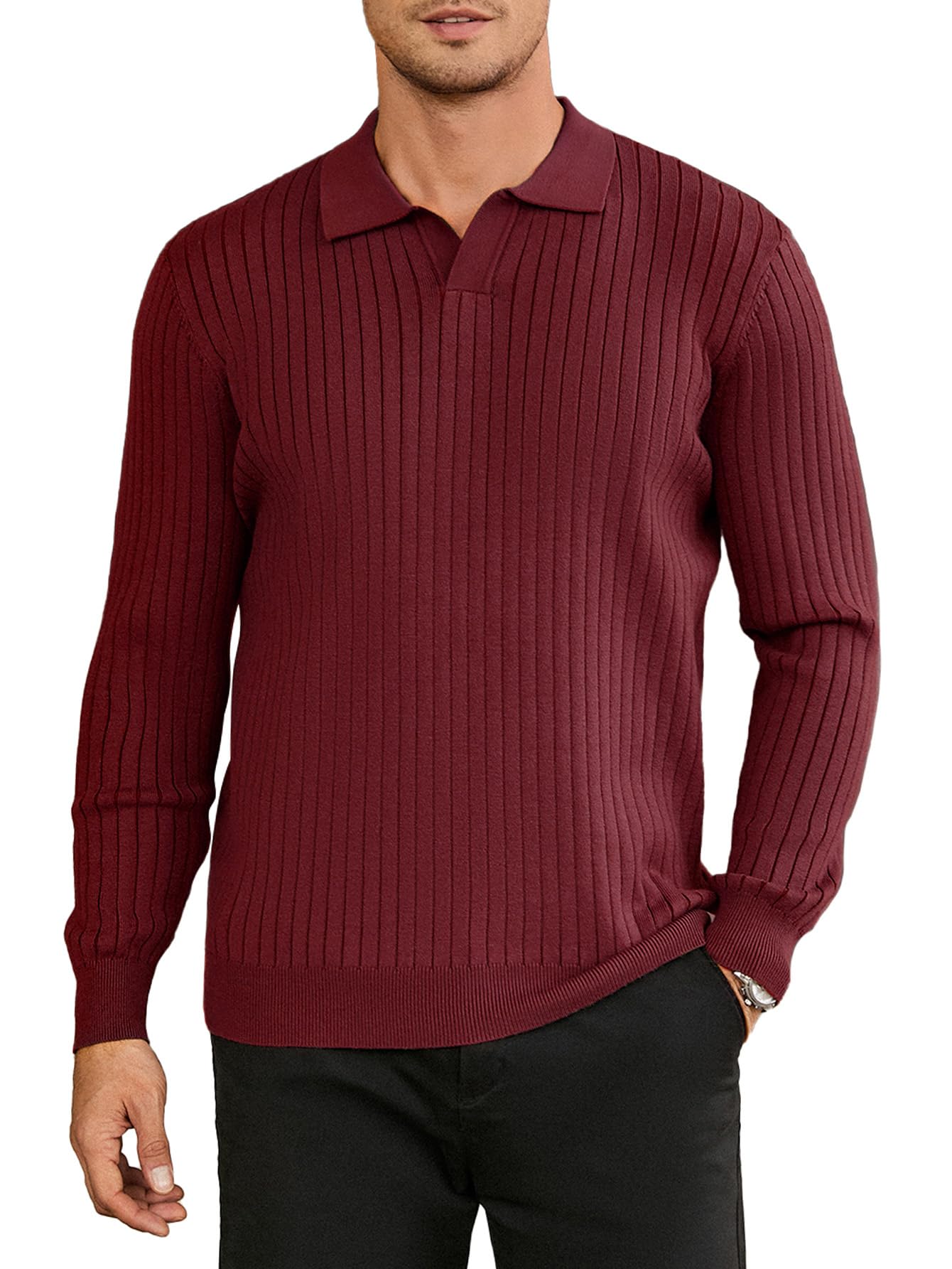 NEW🔥 2025 Men's Ribbed Knit Sweater Casual Long Sleeve Polo Shirt