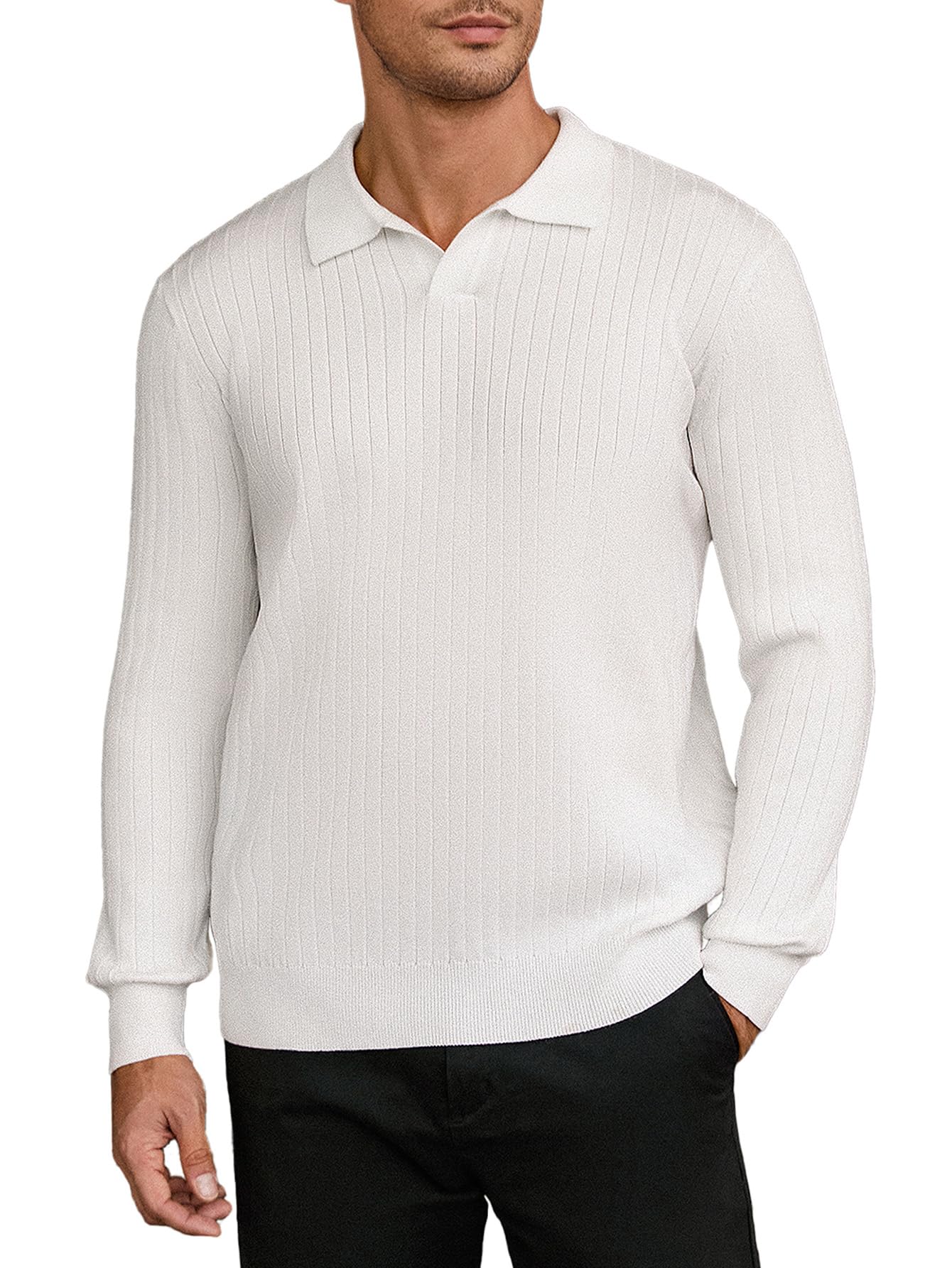 NEW🔥 2025 Men's Ribbed Knit Sweater Casual Long Sleeve Polo Shirt