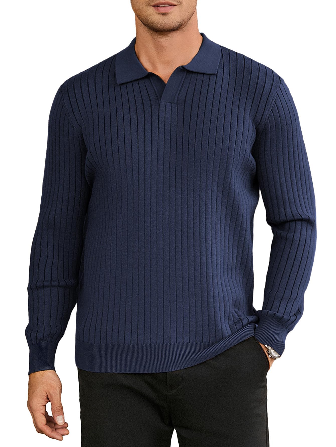 NEW🔥 2025 Men's Ribbed Knit Sweater Casual Long Sleeve Polo Shirt