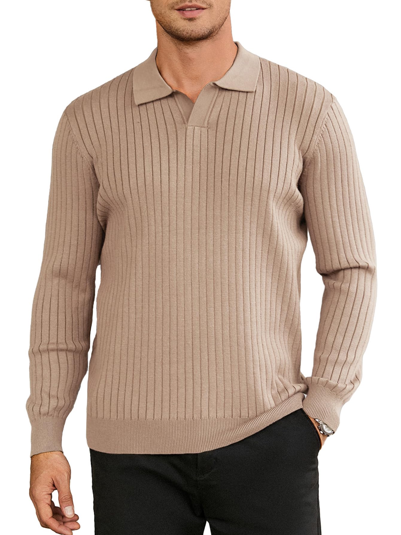 NEW🔥 2025 Men's Ribbed Knit Sweater Casual Long Sleeve Polo Shirt